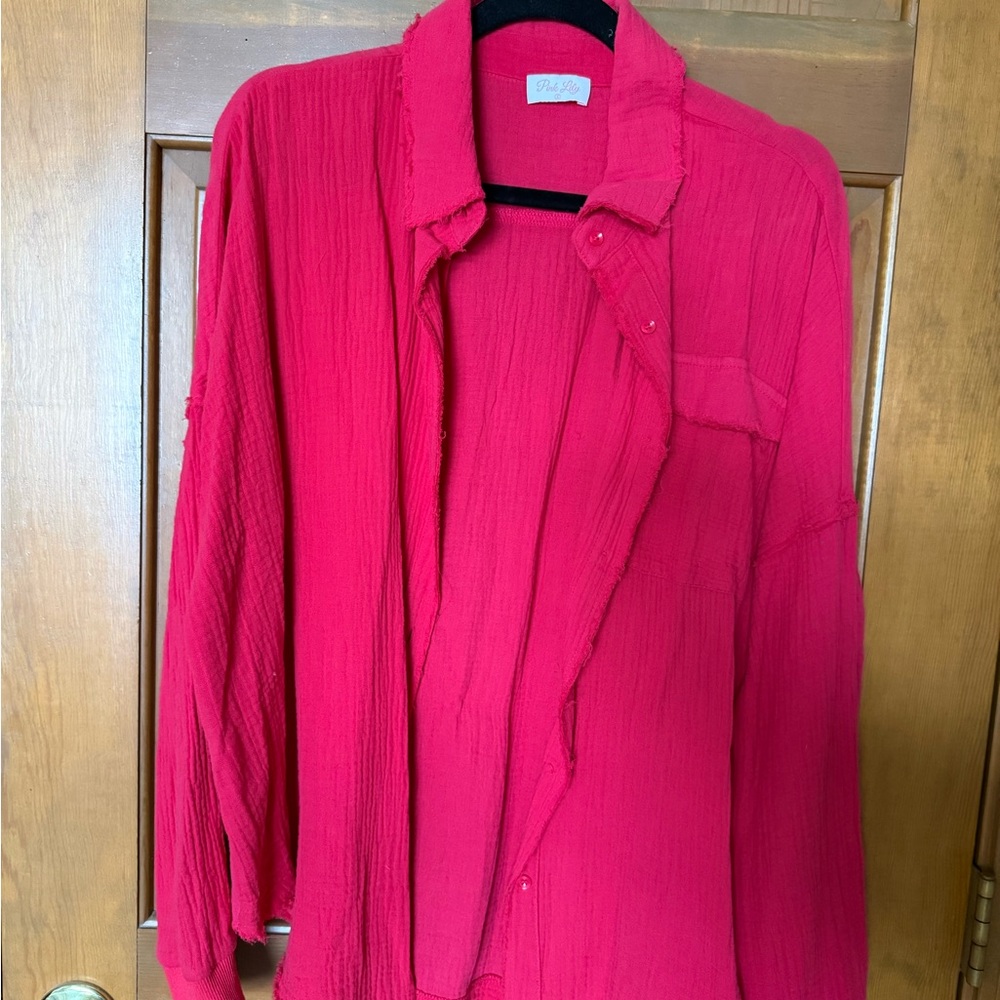 Pink Lily Red Button Up
